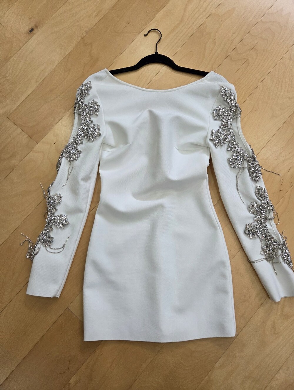 White Embellished Long-Sleeve Mini Dress